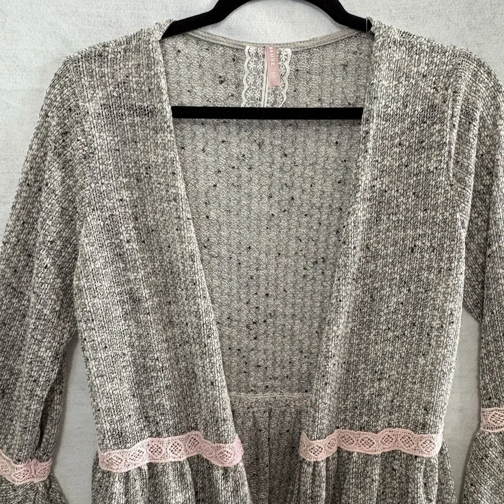 MAUVE Women Pink Lace Bell Sleeves Open Front Sweater‎ Sz M Gray Casual 21-6